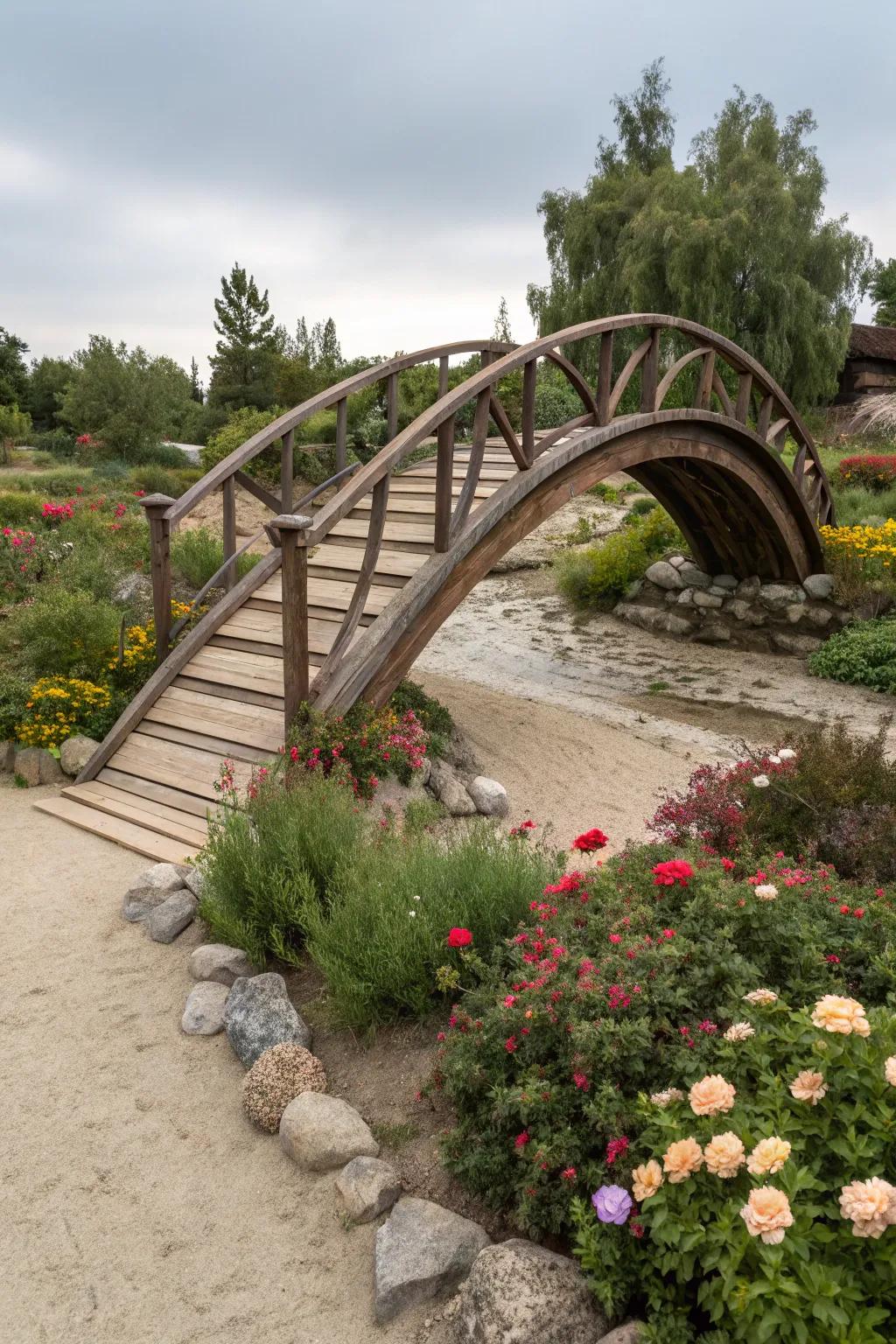 A curved bridge adds a whimsical charm to a garden path.