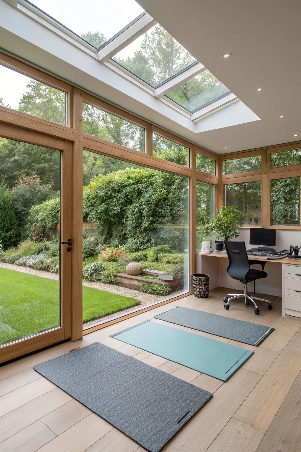 A versatile garden room serving as both an office and yoga studio.