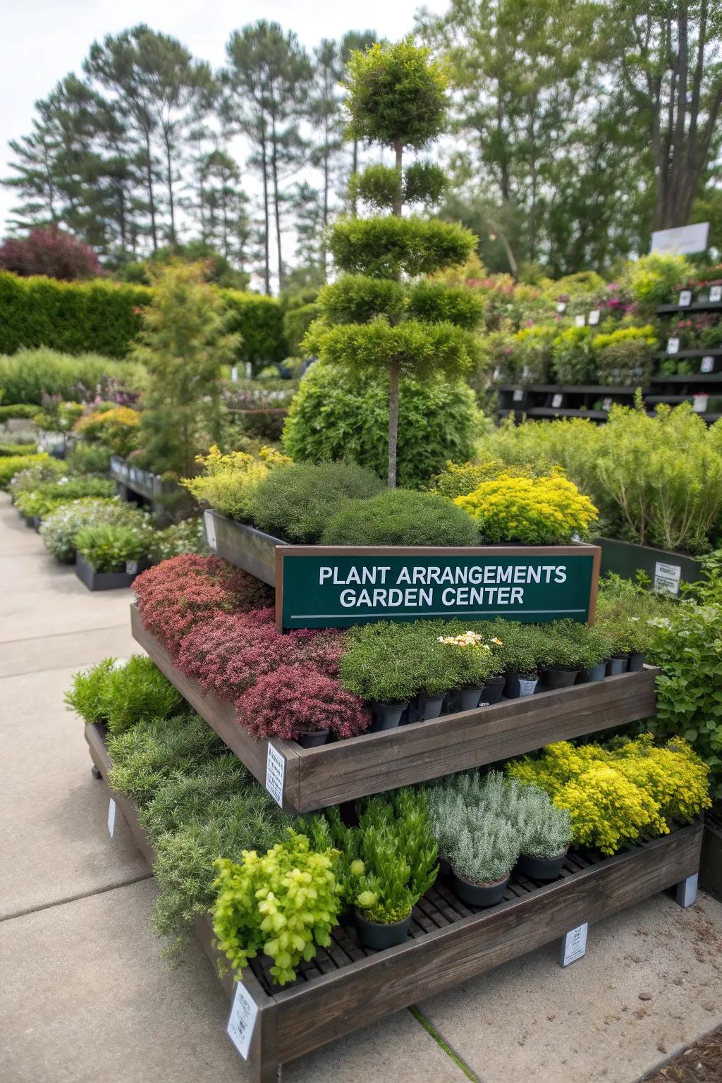 Tiered plant arrangements adding depth to displays.