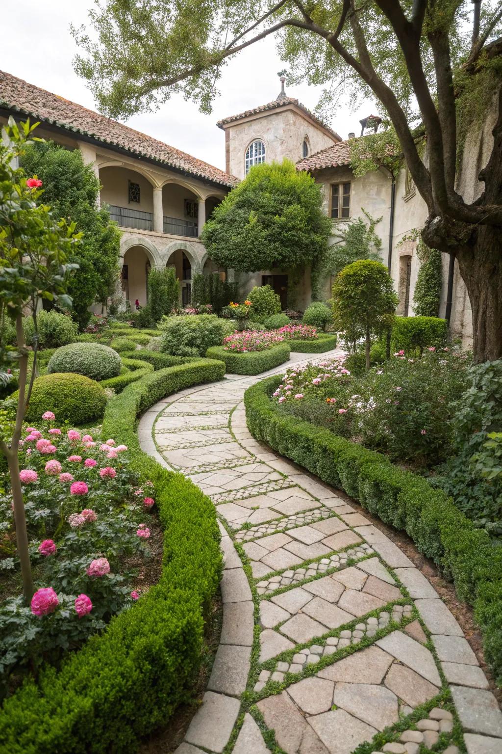 Stone pathways elegantly define garden spaces.