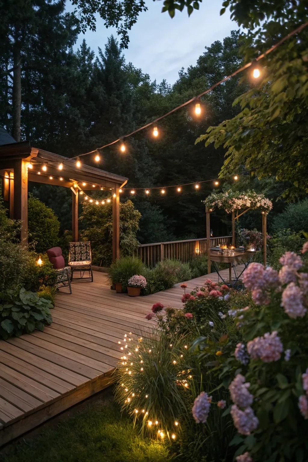 A deck aglow with charming string lights.