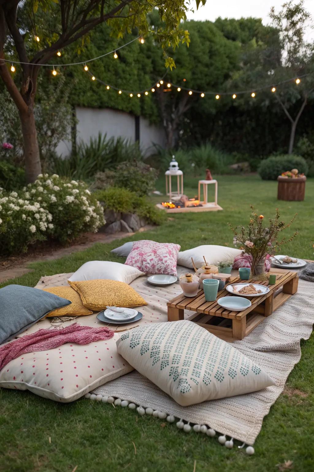A casual and cozy garden dinner setting with ground seating.