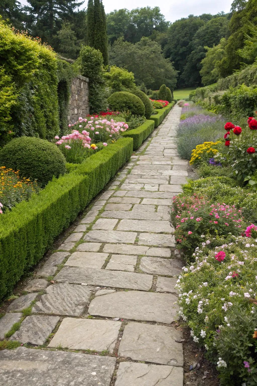 Pathways lined with dividers create a guided journey through the garden.