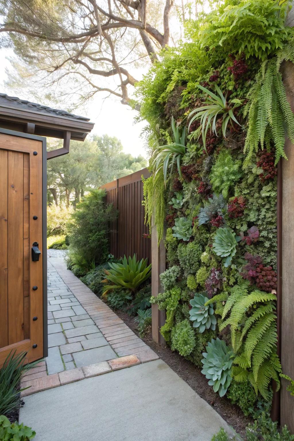 A living wall of succulents creates a striking, lush entrance.