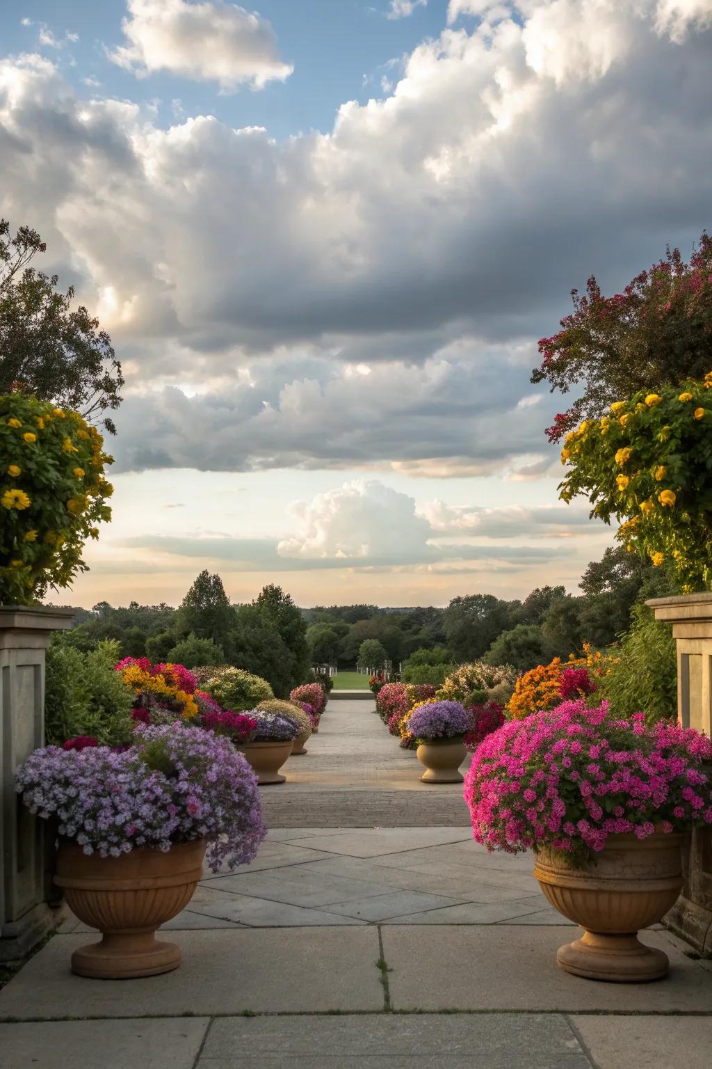 Vibrant flowers in decorative pots add a splash of color to the garden entry.