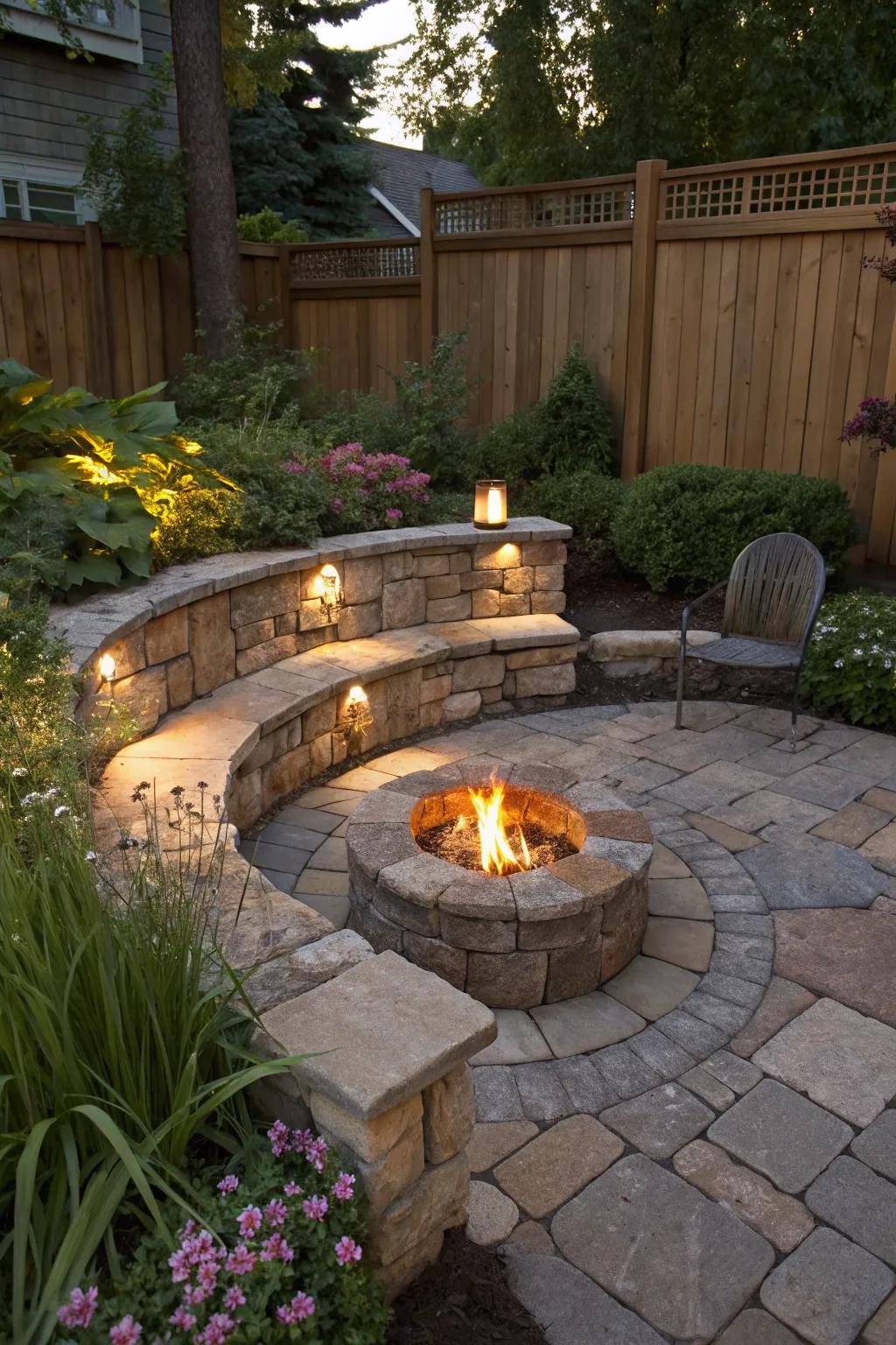 Built-in seating offers practical elegance around the fire pit.