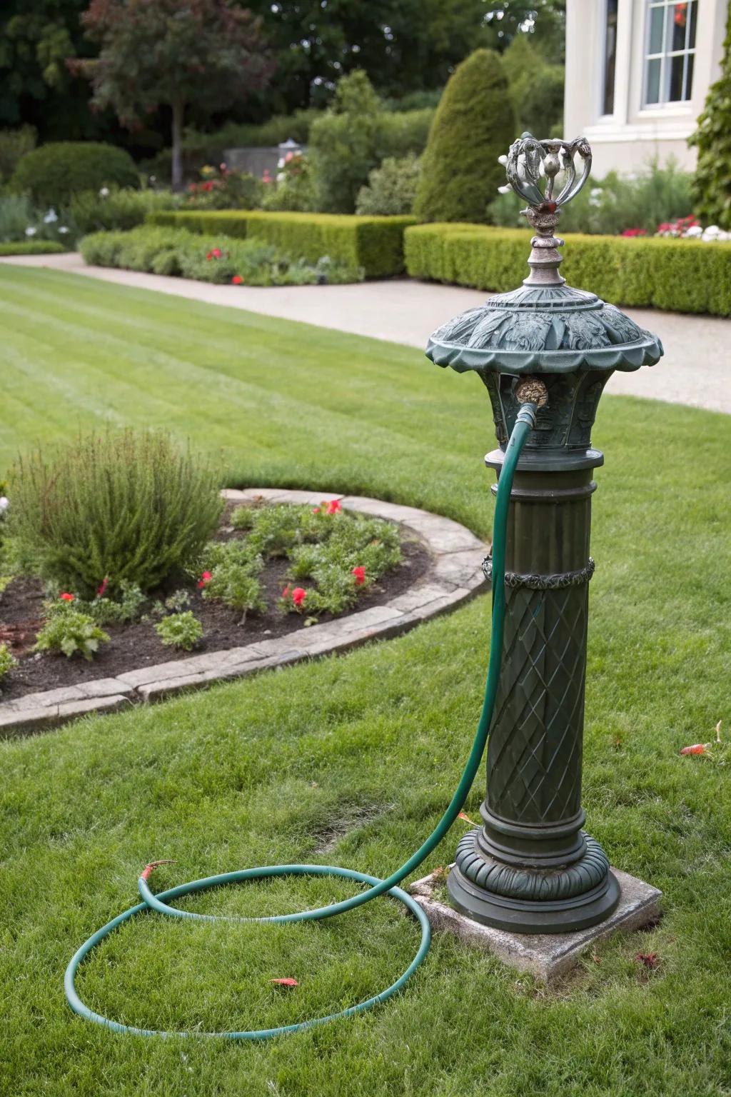A freestanding post offers mobile hose storage with style.