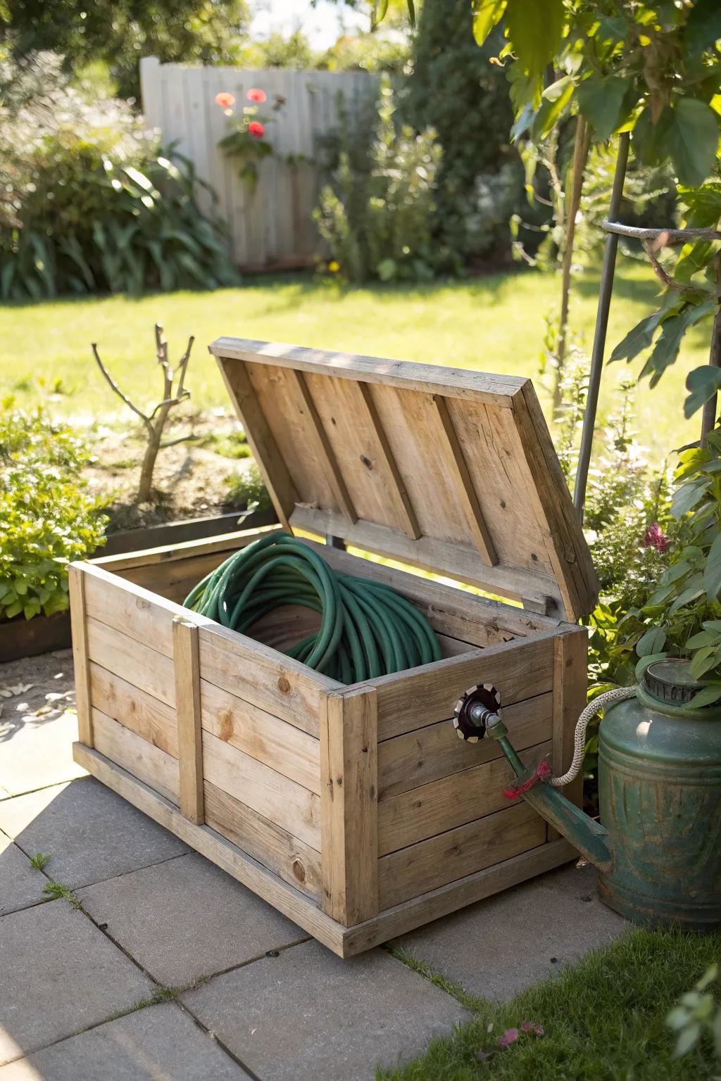 A multifunctional garden hose storage box that enhances outdoor living spaces.