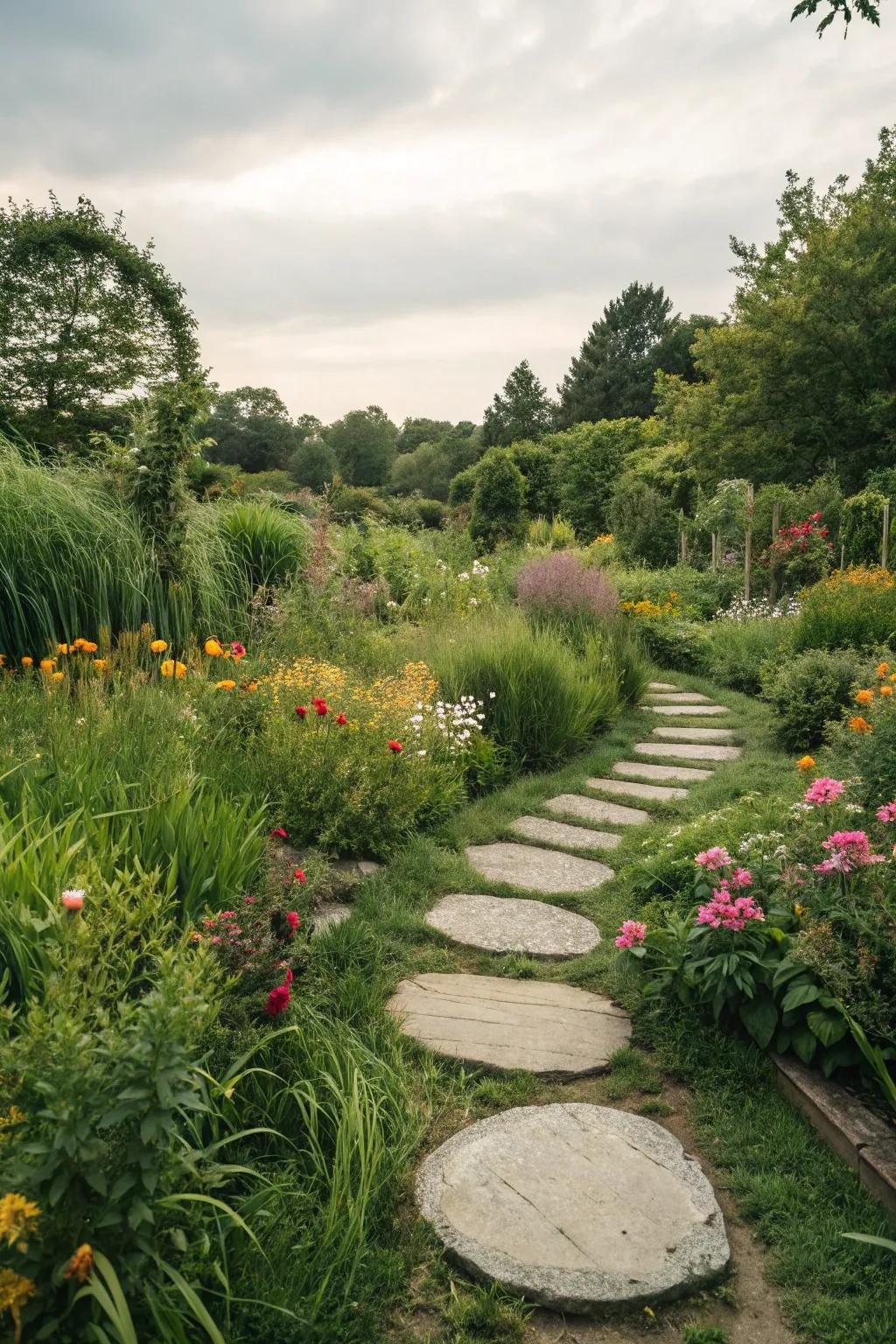 Circular pathways adding charm and flow to the garden.