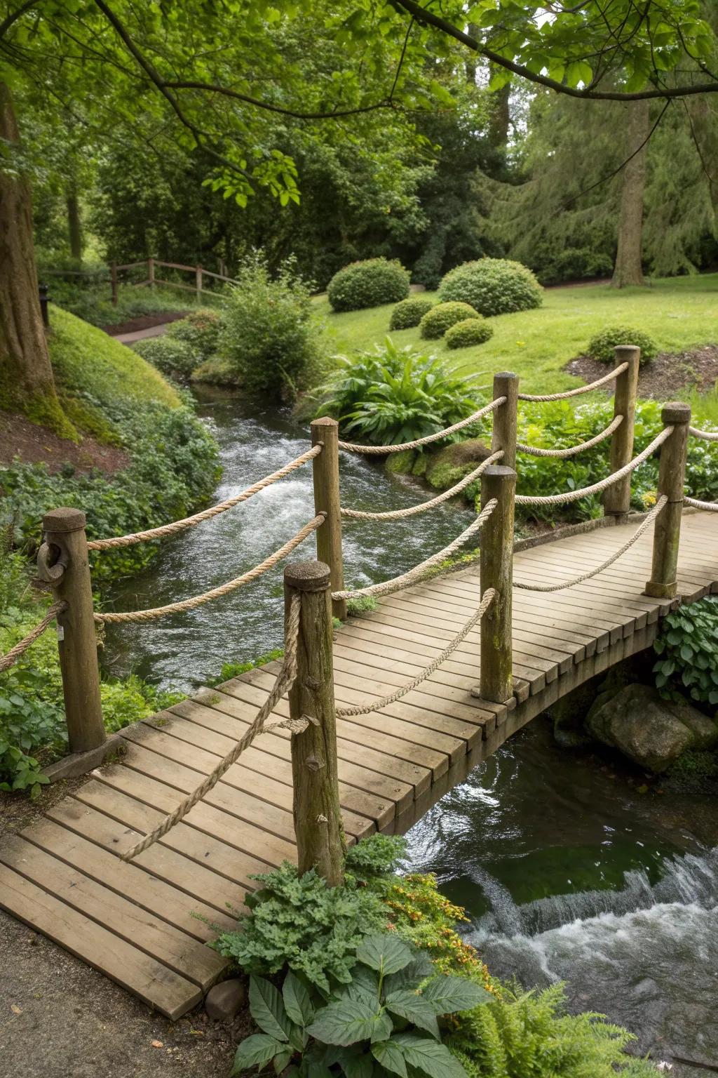 Rustic rope railings add character to this garden bridge.