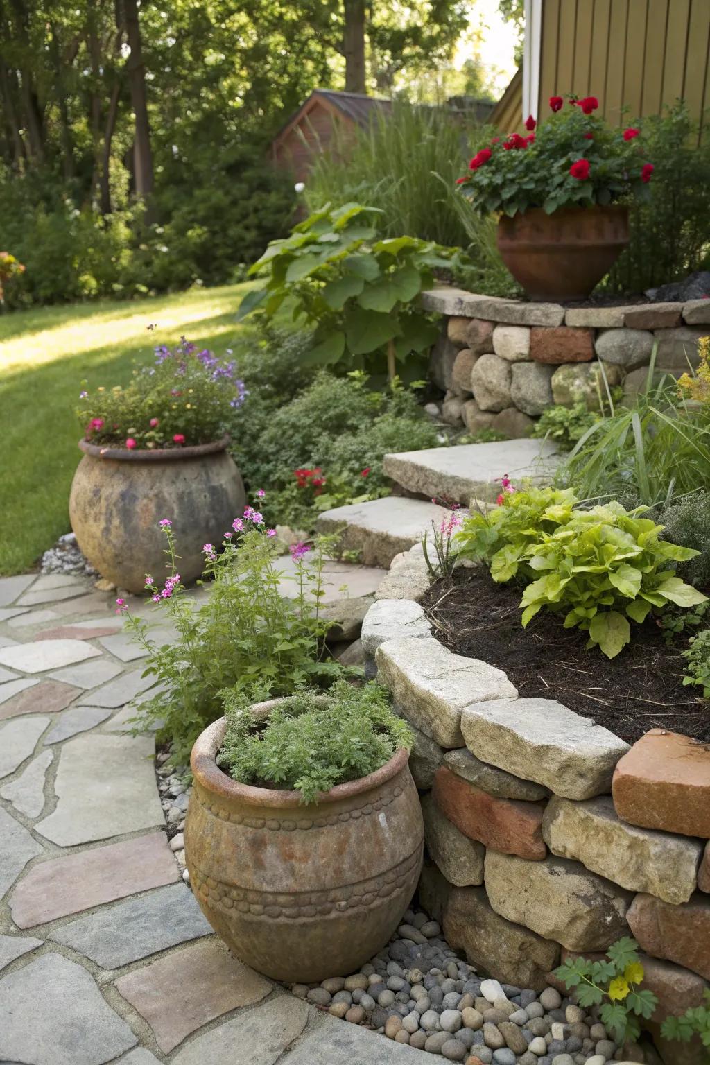 Layered stone designs around pots for a dynamic garden look.