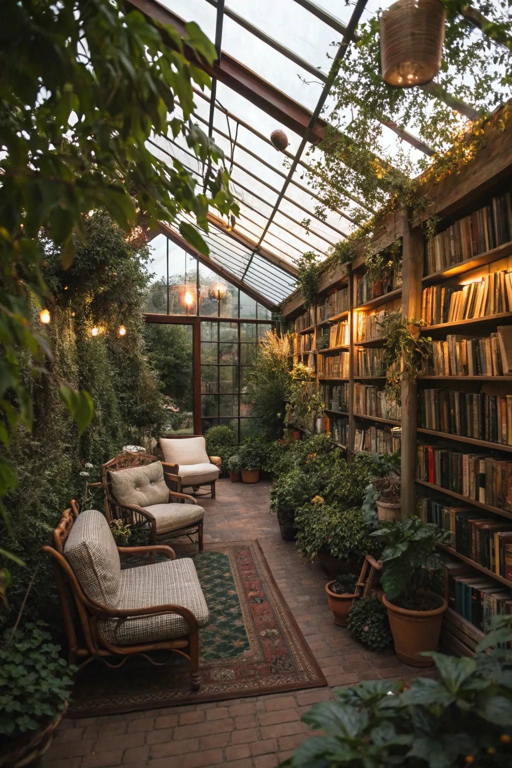 A greenhouse transformed into a lush reading library.