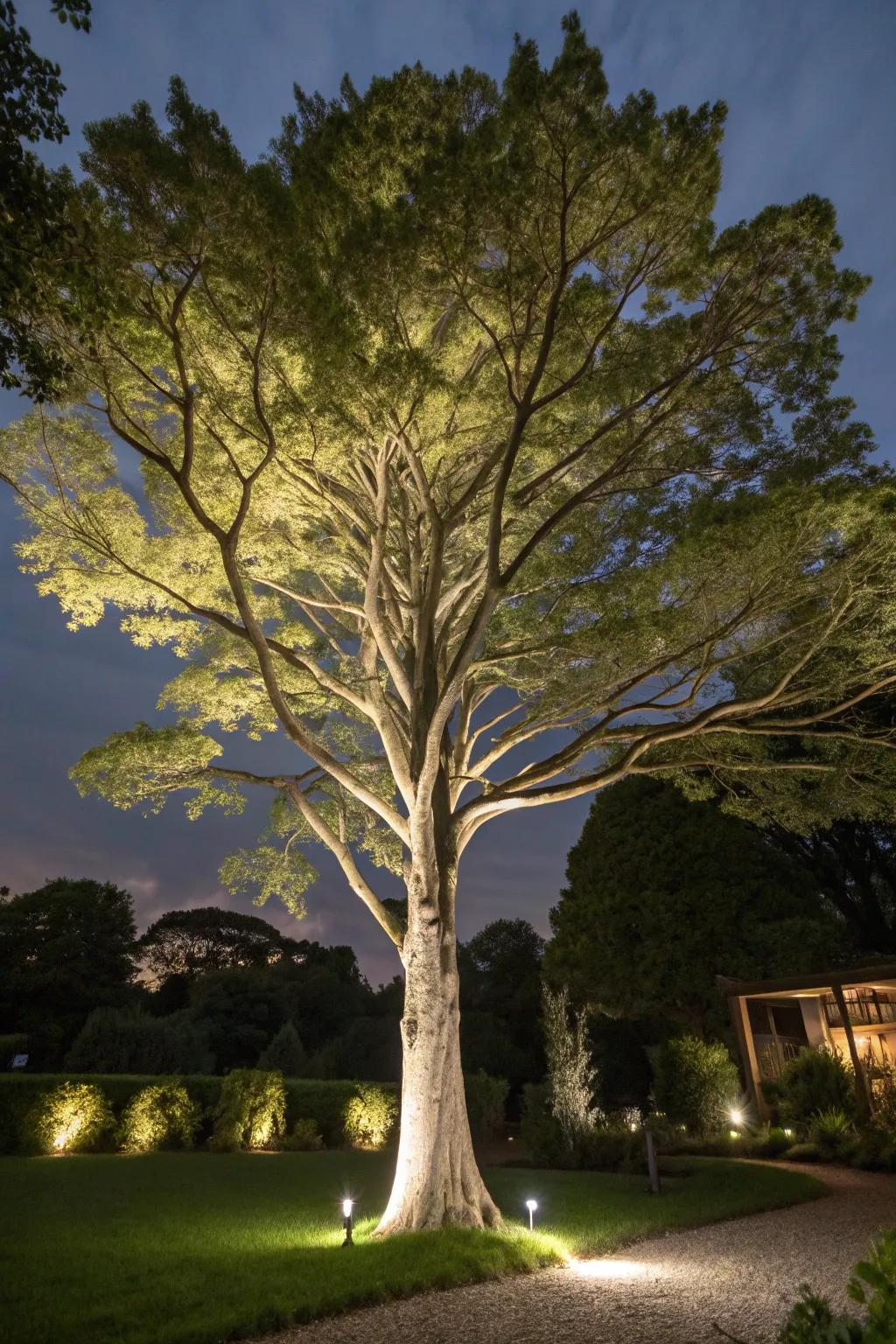 A tall garden tree illuminated with uplighting, turning it into a stunning nighttime feature.