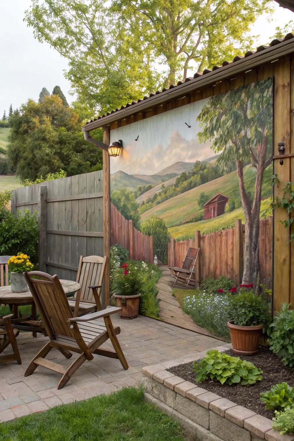 Rustic murals add warmth and charm to your garden.