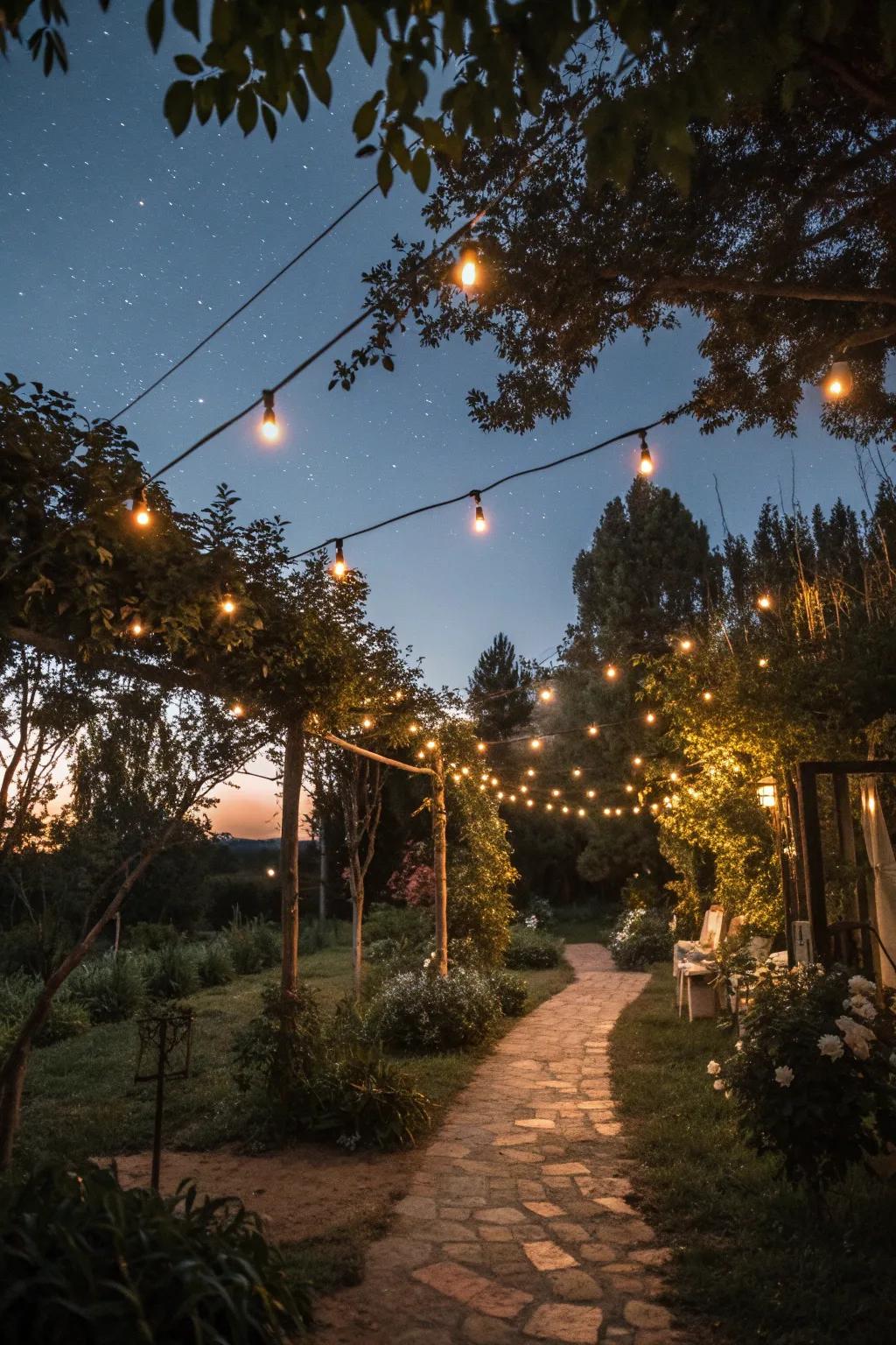 Garden lighting enhances the ambiance and extends usability into the night.