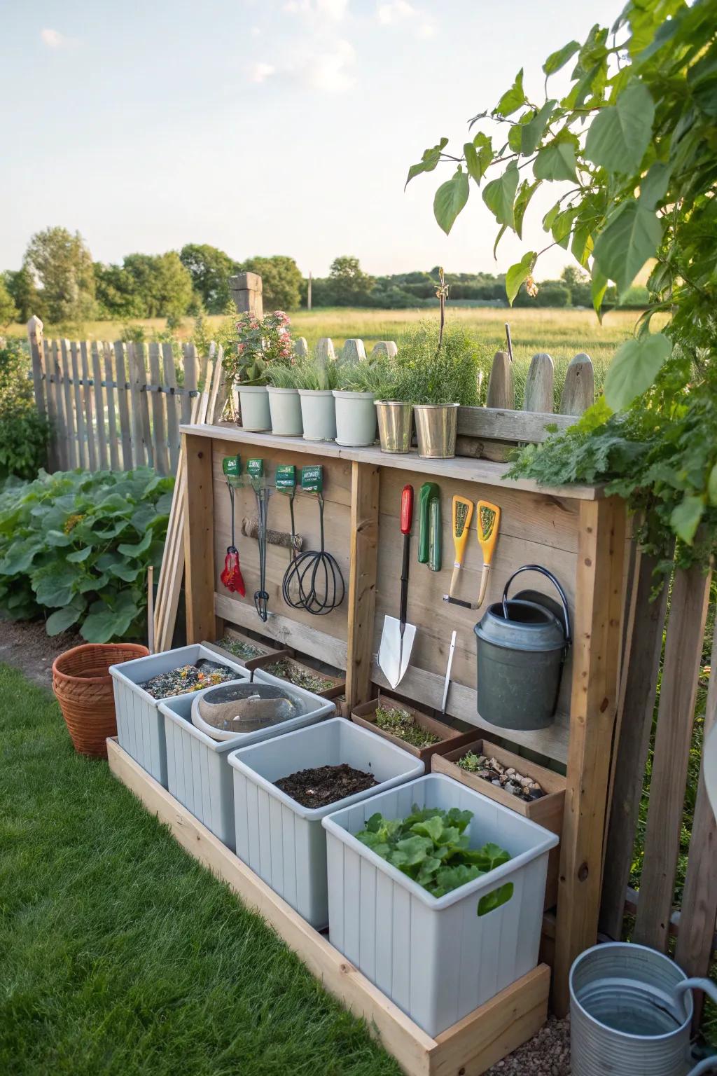 Bins and hooks keep small garden items neatly stored