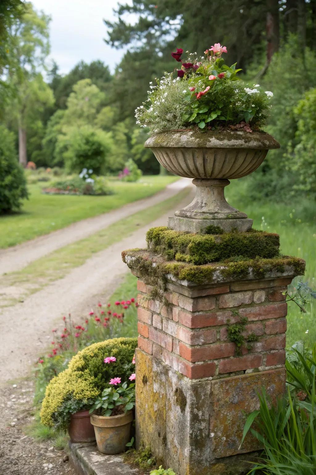 Rustic brick pedestals add a touch of earthy charm.