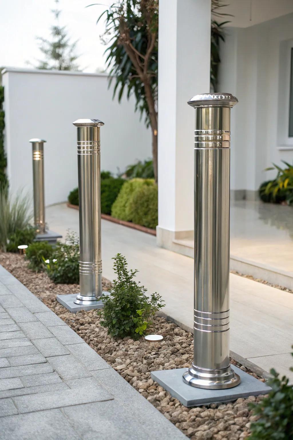 Modern metal pillars for a sleek and contemporary garden look.