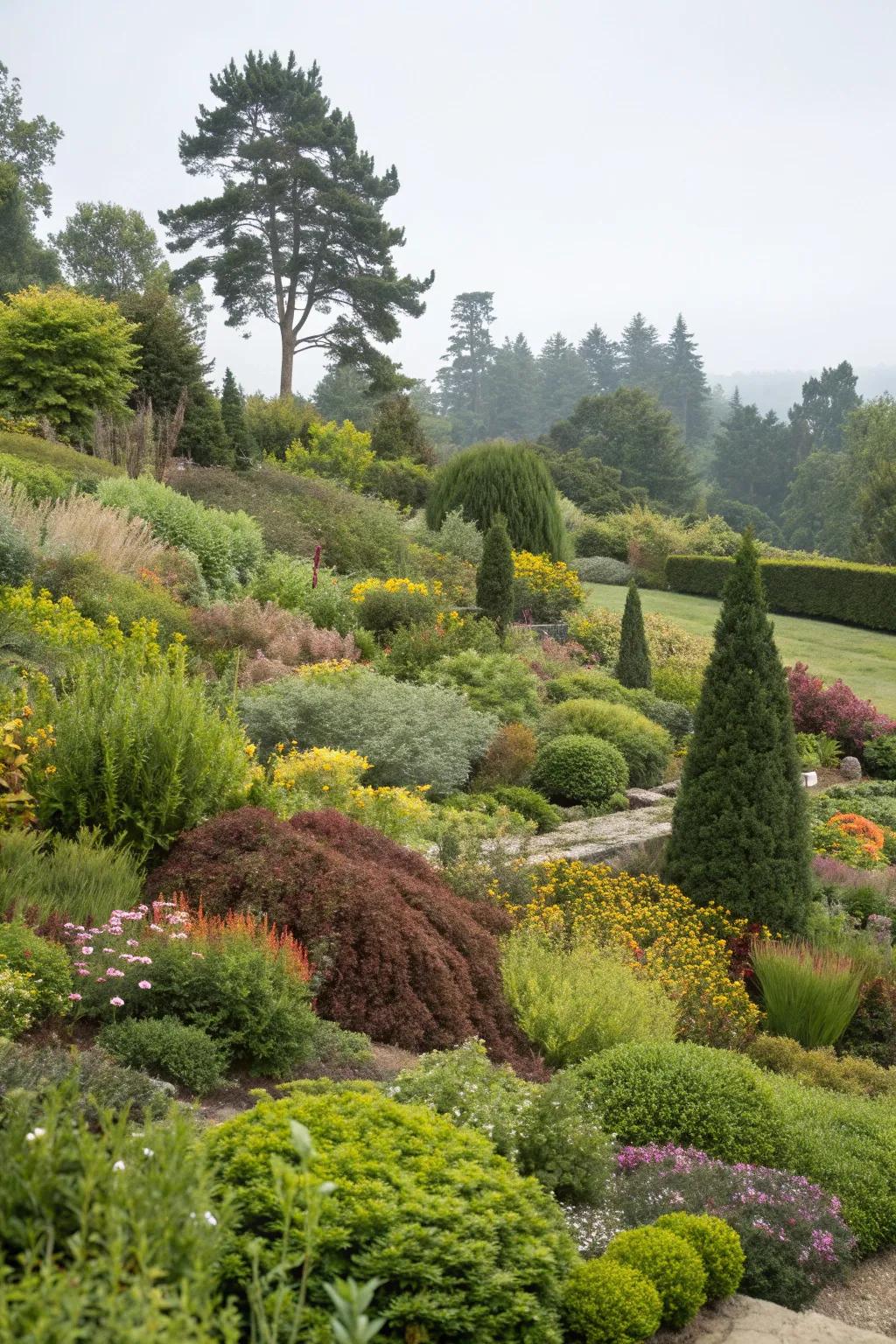 Layered planting adding depth to a garden landscape.