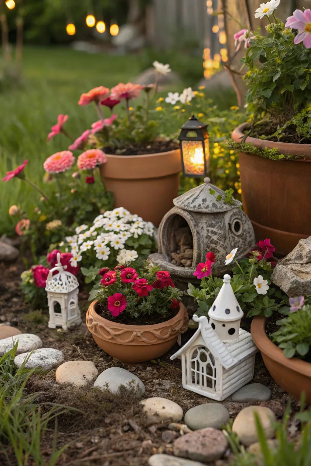 A charming fairy garden theme created with pottery.