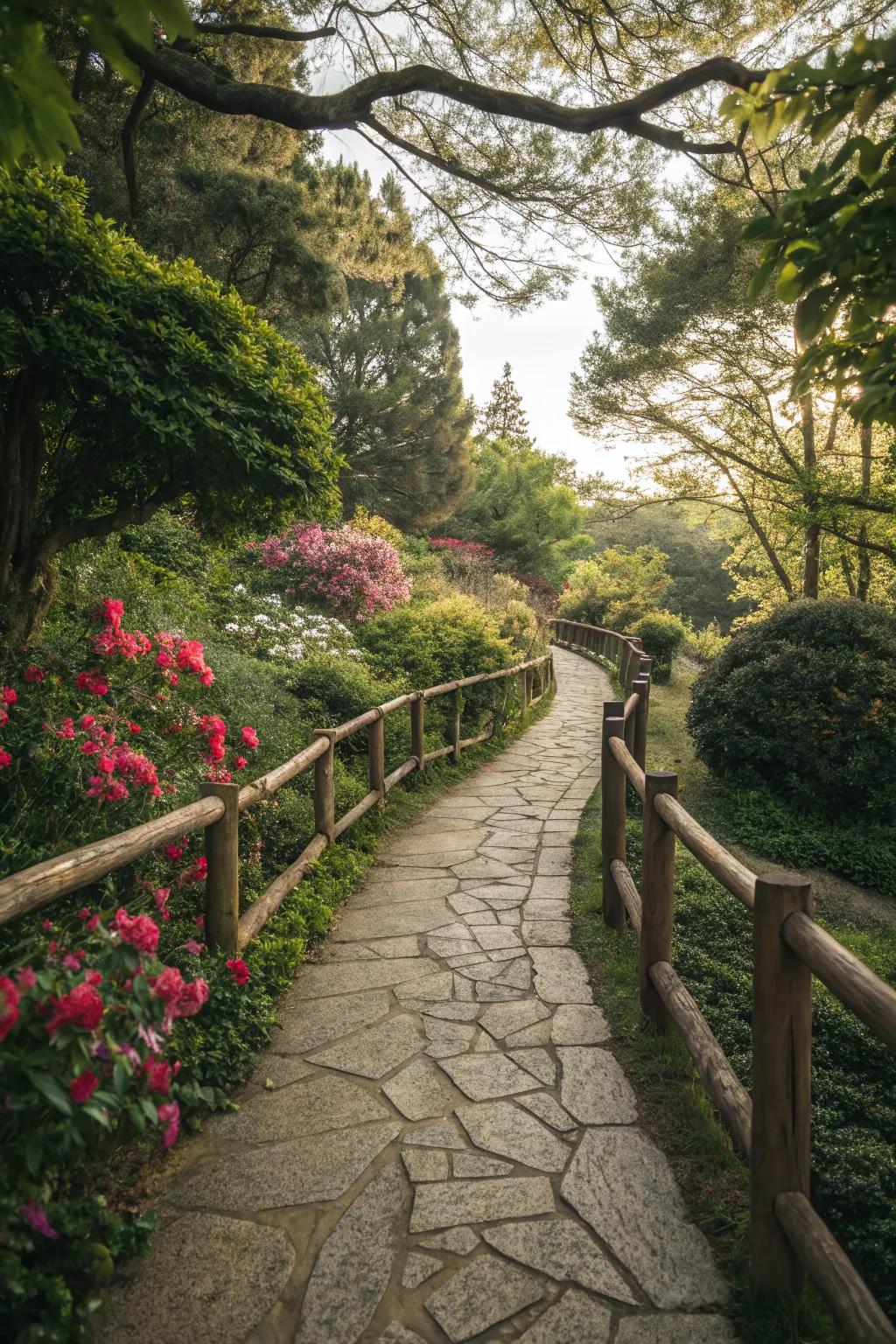 Natural stone paths with railings create a harmonious garden atmosphere.