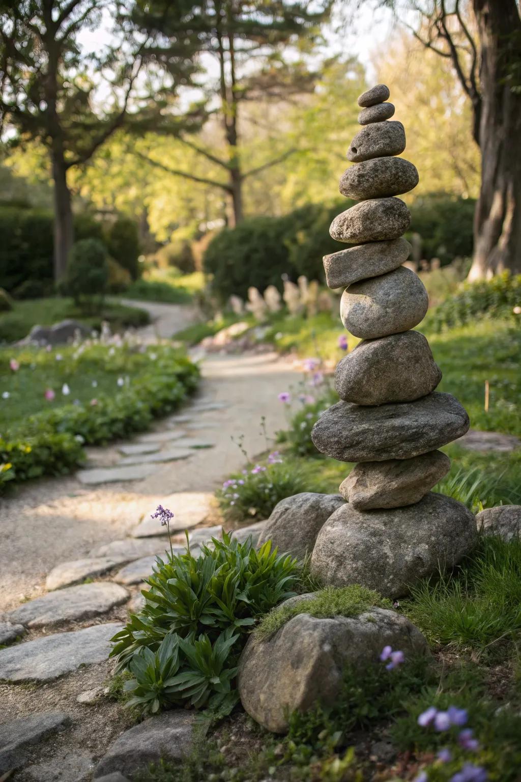 Cairn sculptures bring a sense of peace and balance to gardens.