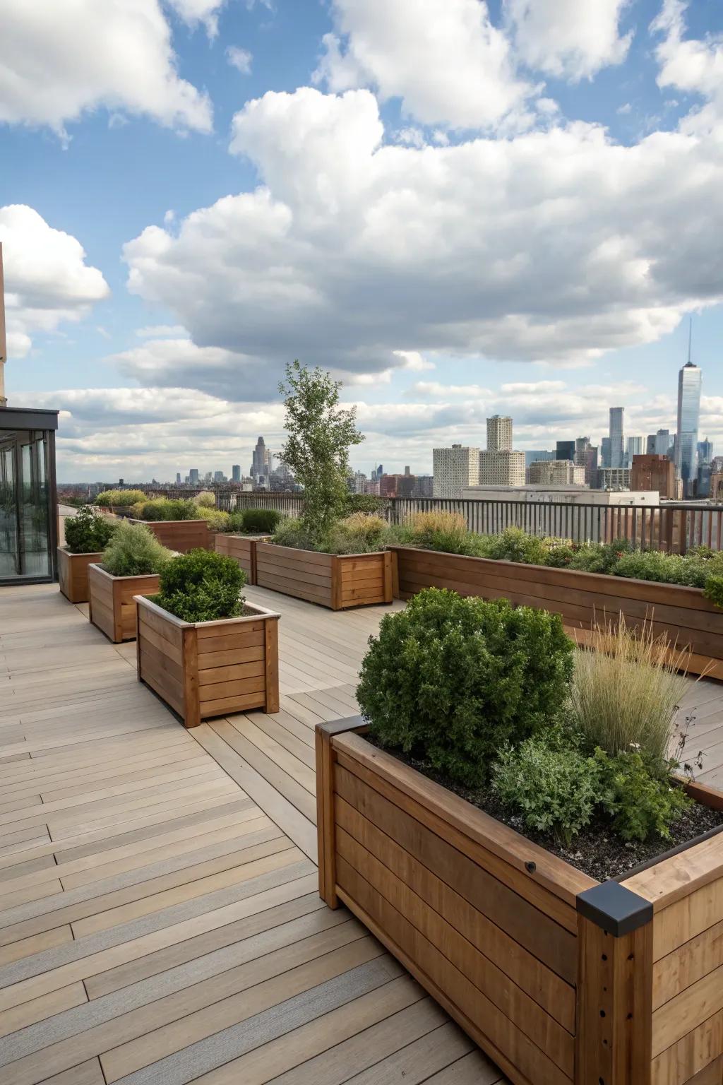 Warm wooden elements enhancing a rooftop garden.