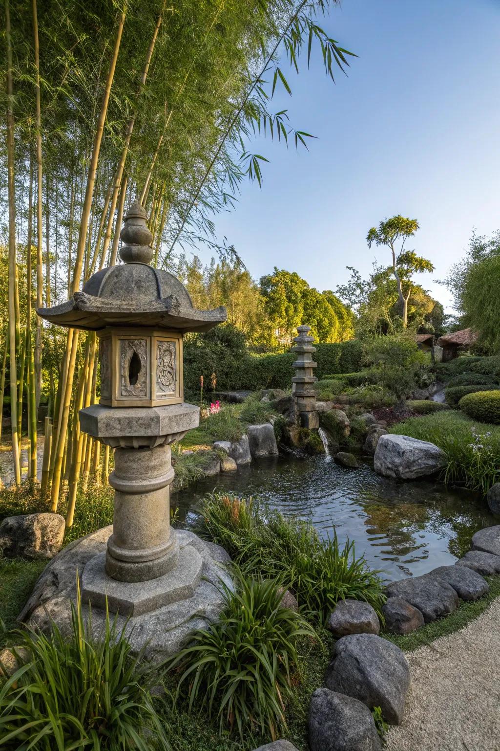 Cultural elements like stone lanterns add an exotic charm.