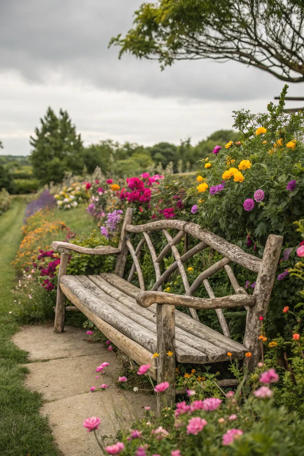 A rustic bench adds a natural touch to garden seating.