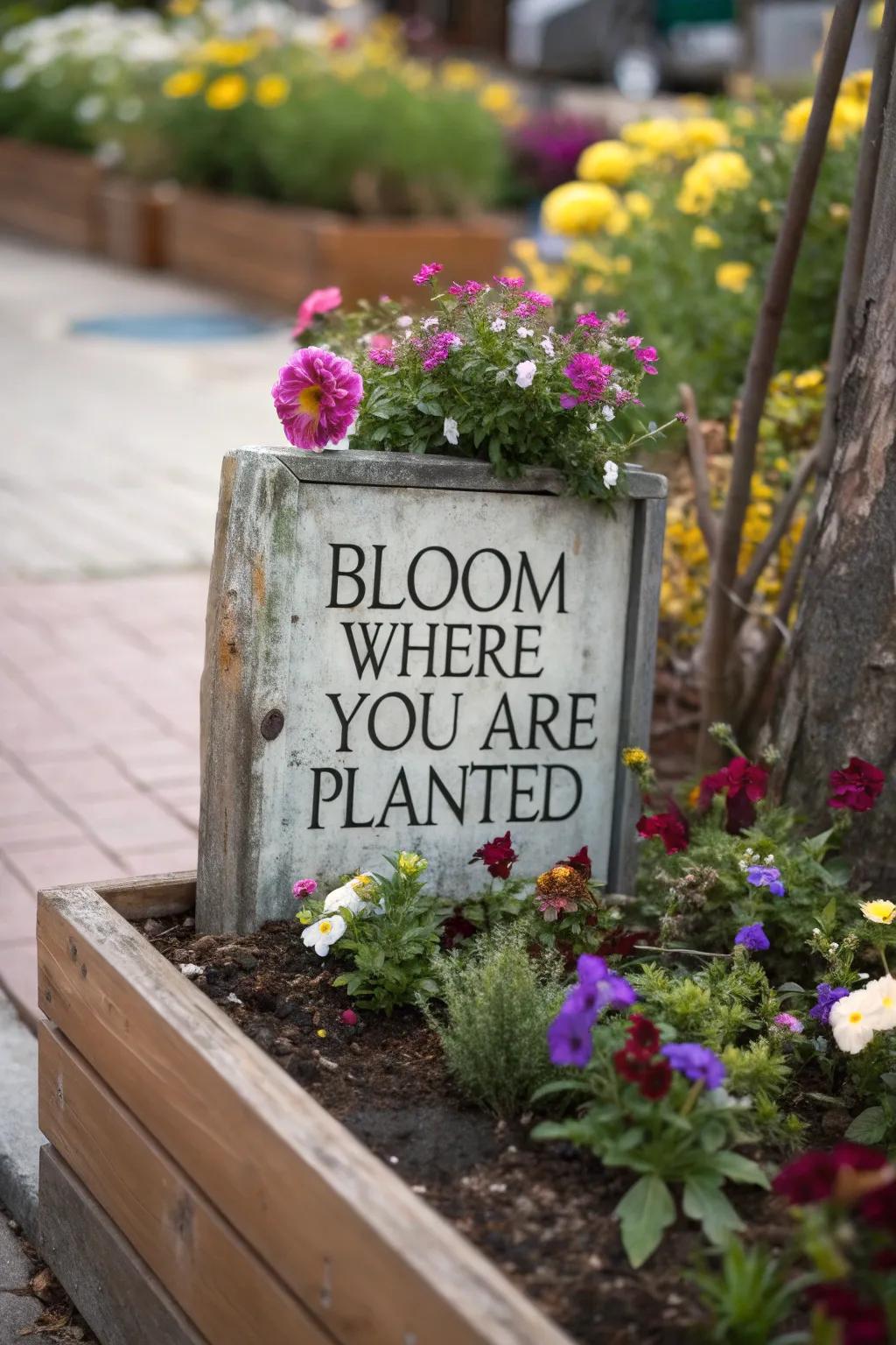 An inspirational quote graces the garden with positivity.