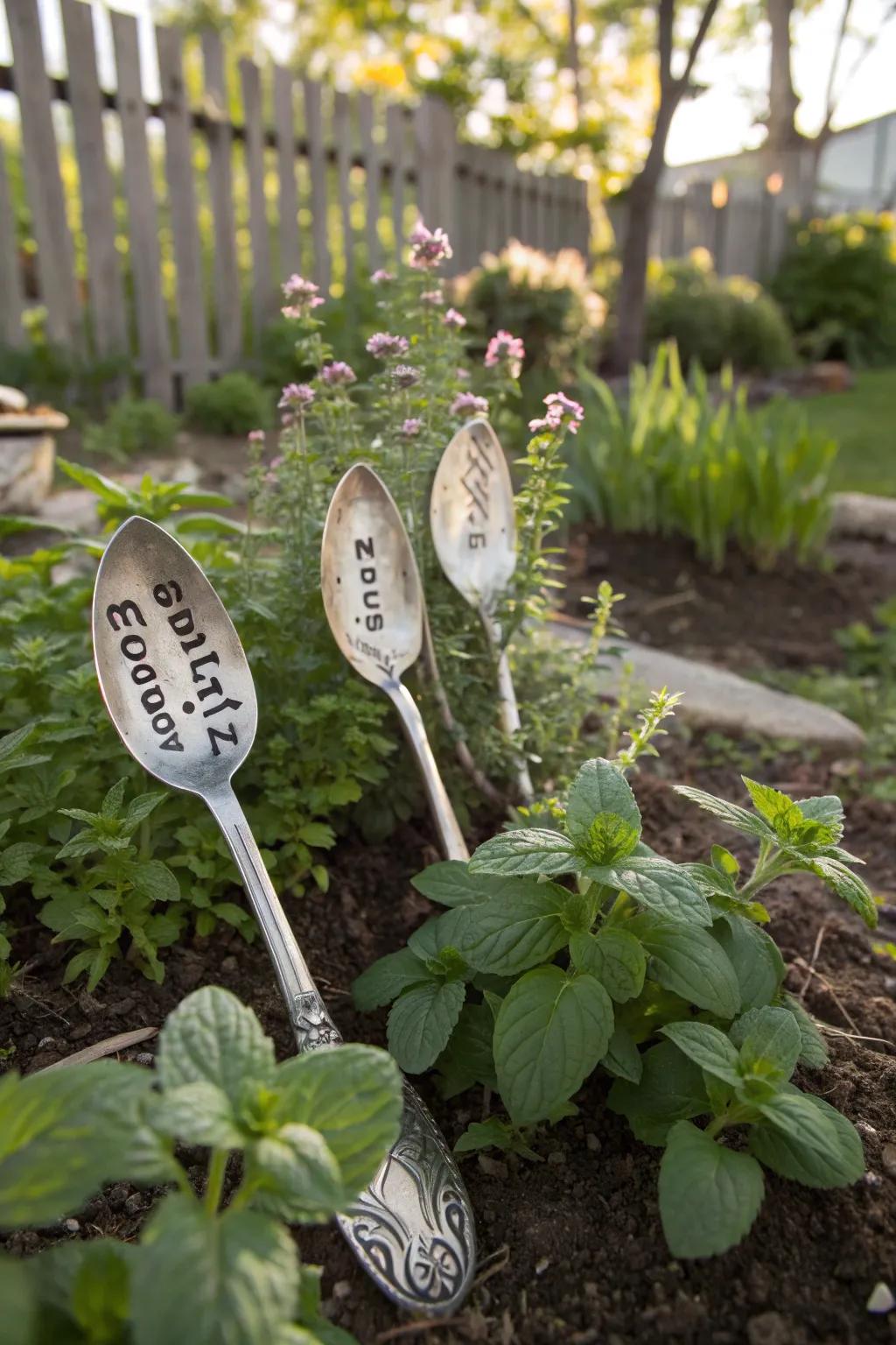 Vintage spoons stamped with plant names, adding charm to a herb garden.