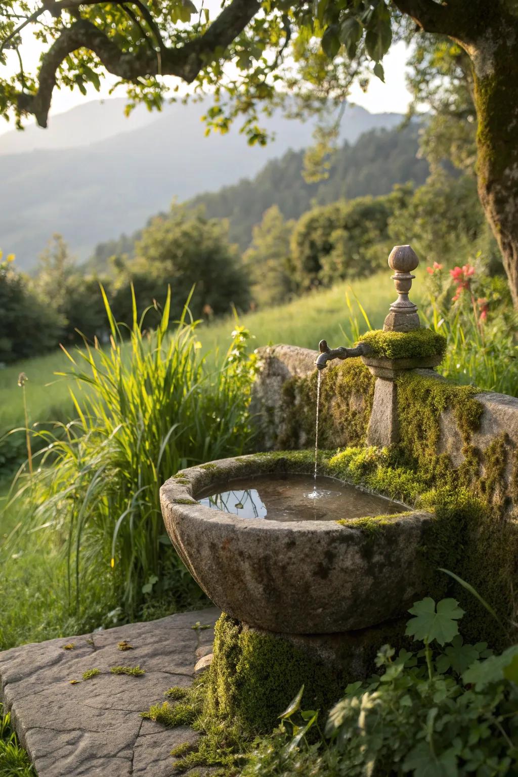 A serene stone sink seamlessly integrated into a lush garden environment.