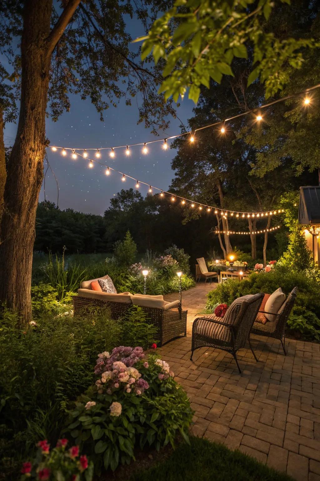 String lights turn your garden into a magical retreat at dusk.