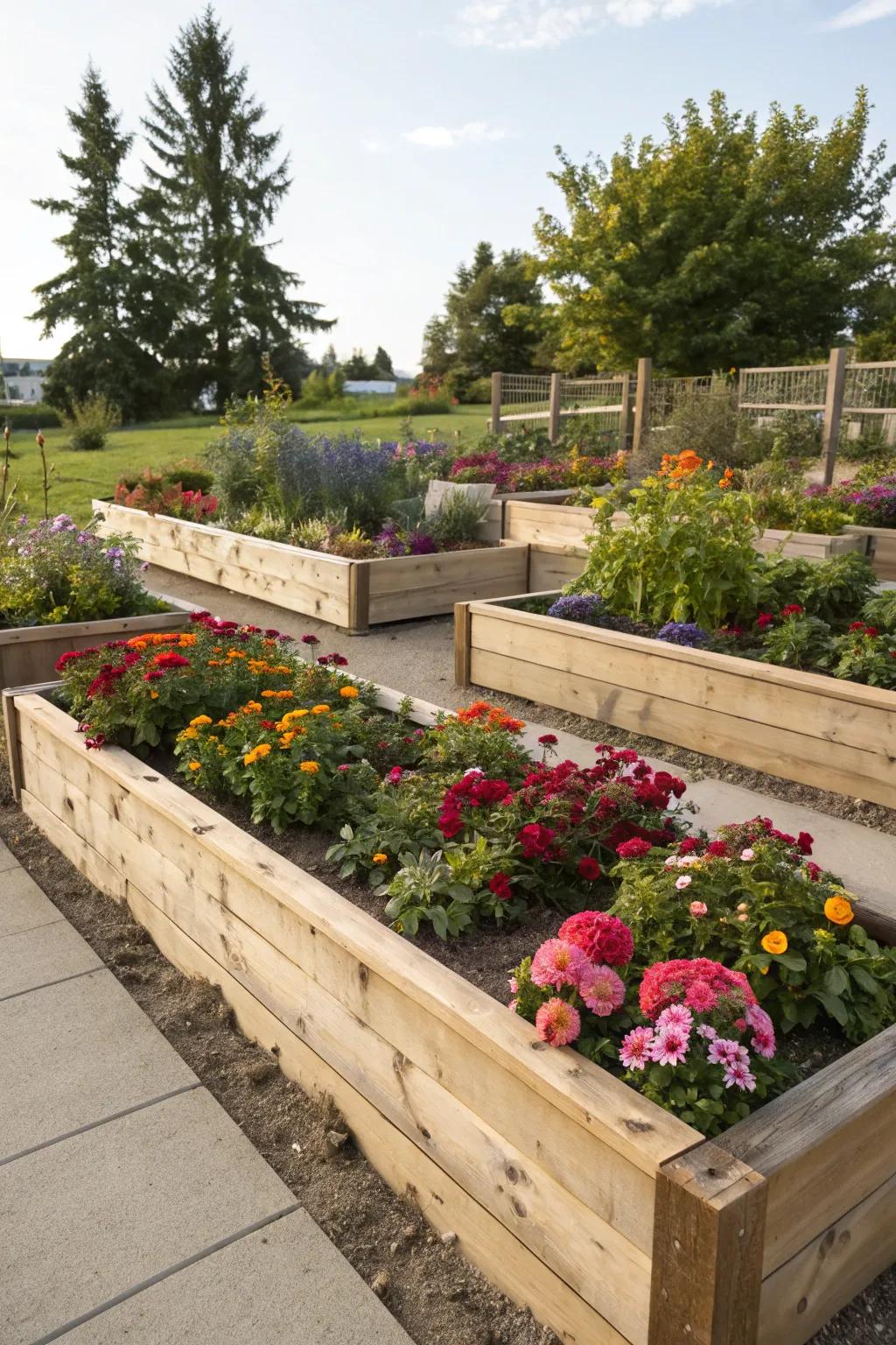 Defined garden borders using rustic sleepers.