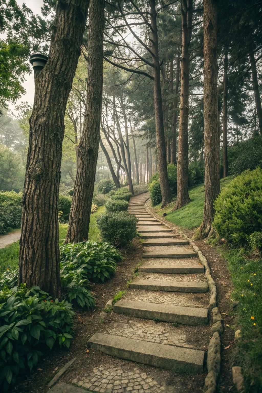 Enchanting tree trunk steps in a forest-like garden.
