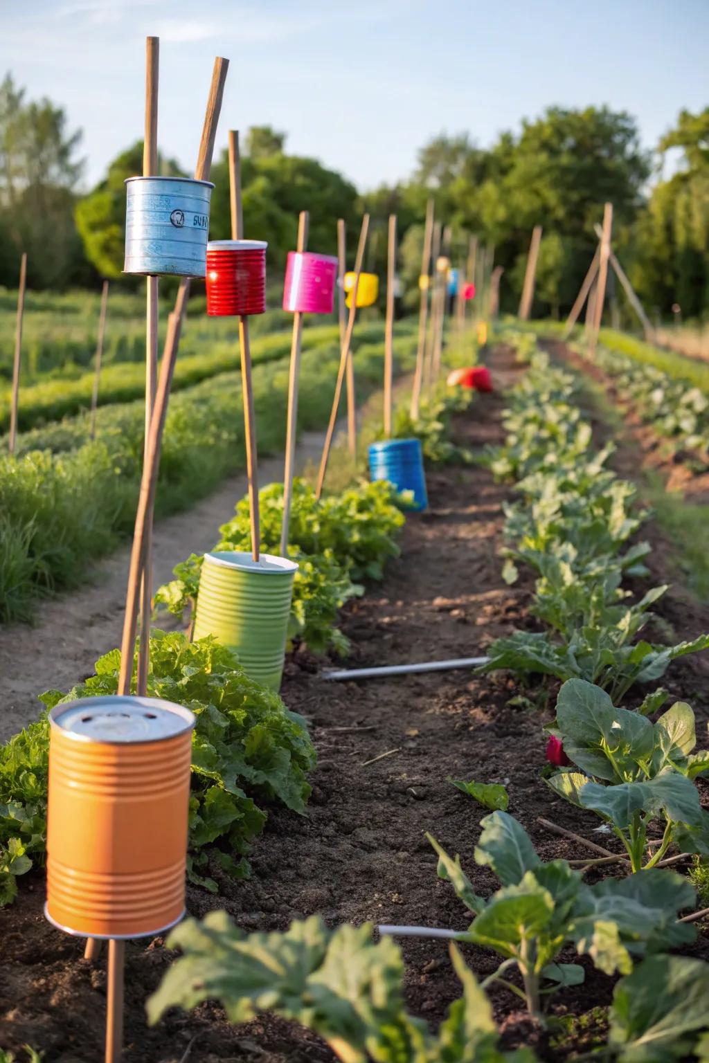 Rustic tin can lid stakes adding a sustainable touch to the vegetable garden.