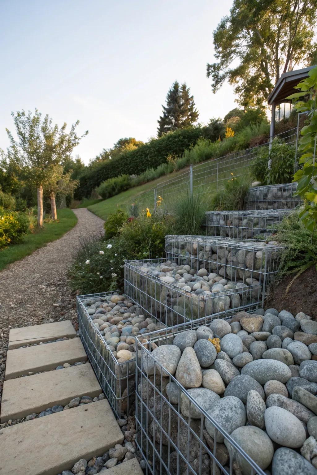 Gabion steps offer style and stability.
