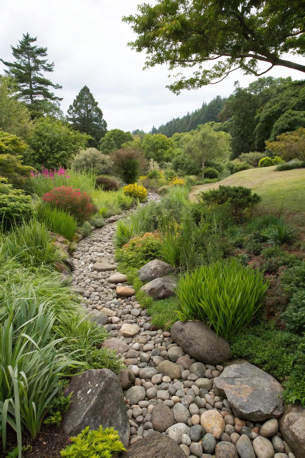 A dry river bed adds a natural and functional element to gardens.