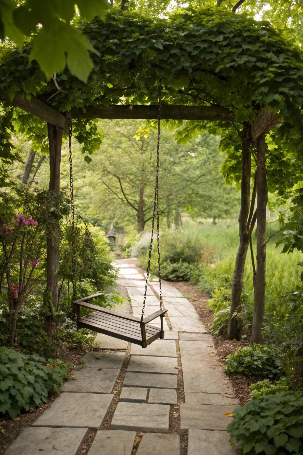 A stone pathway leads to a charming garden swing, inviting exploration.