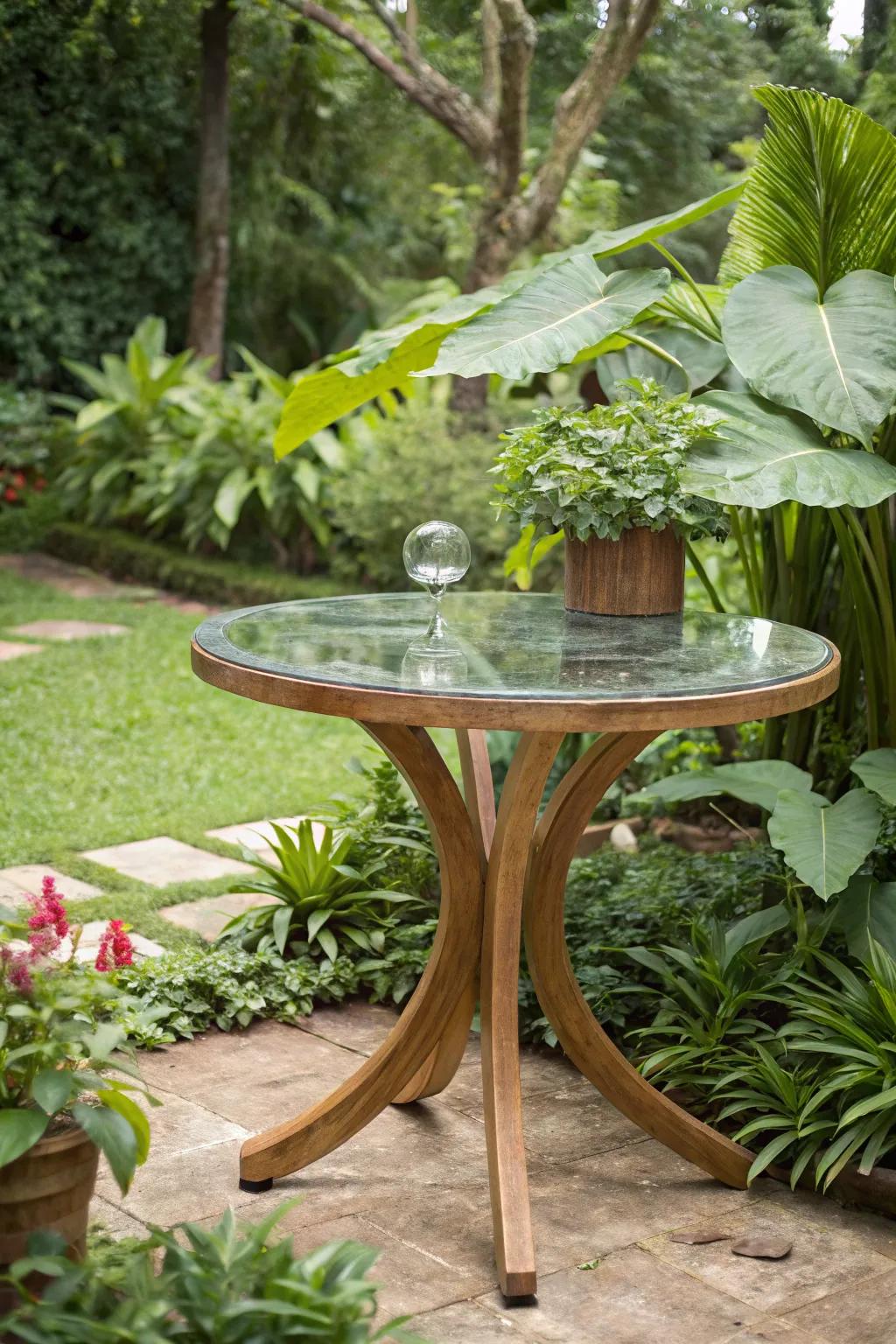 A sophisticated glass-top table, blending elegance with nature.