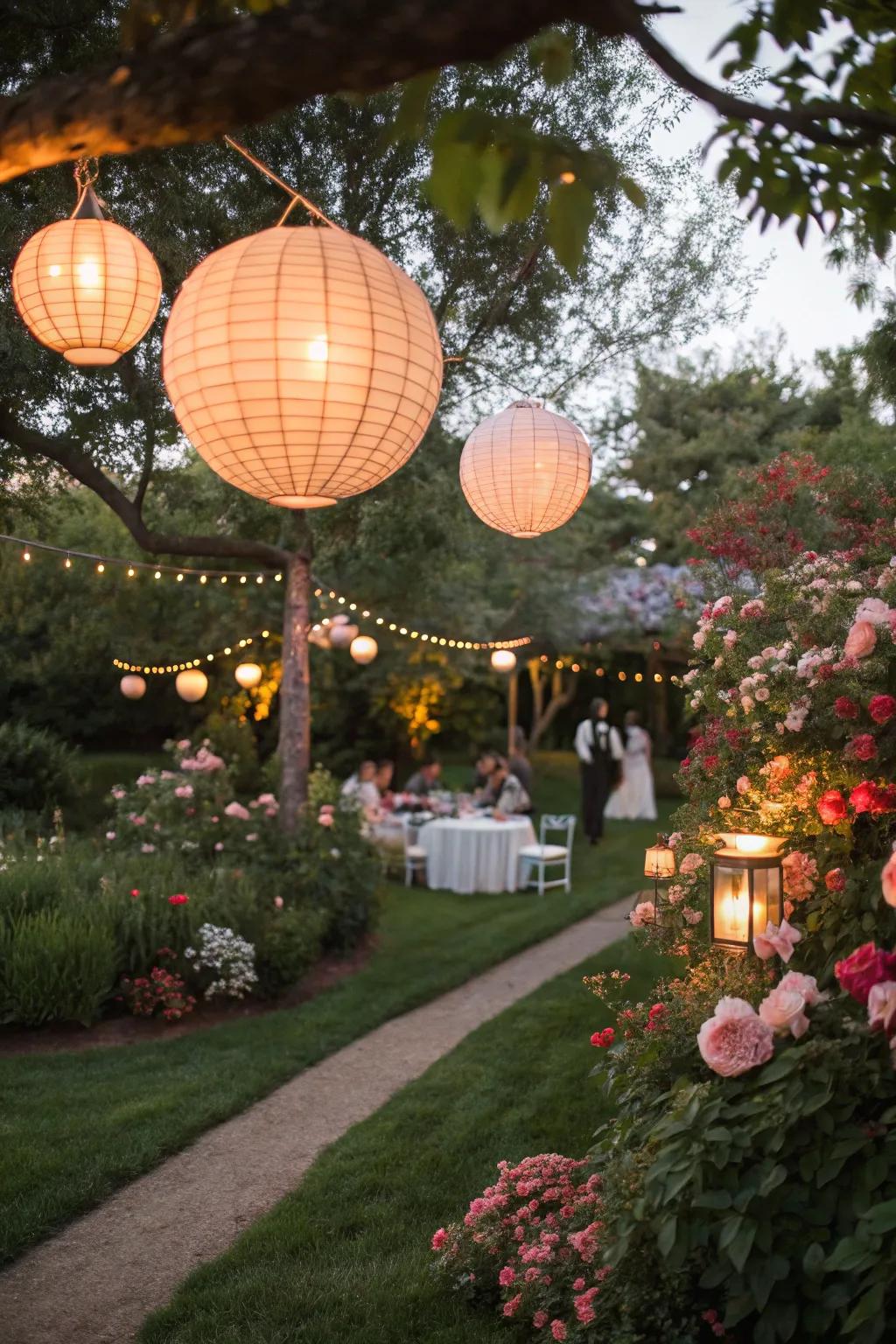 Lanterns provide a warm and inviting glow for evening garden celebrations.