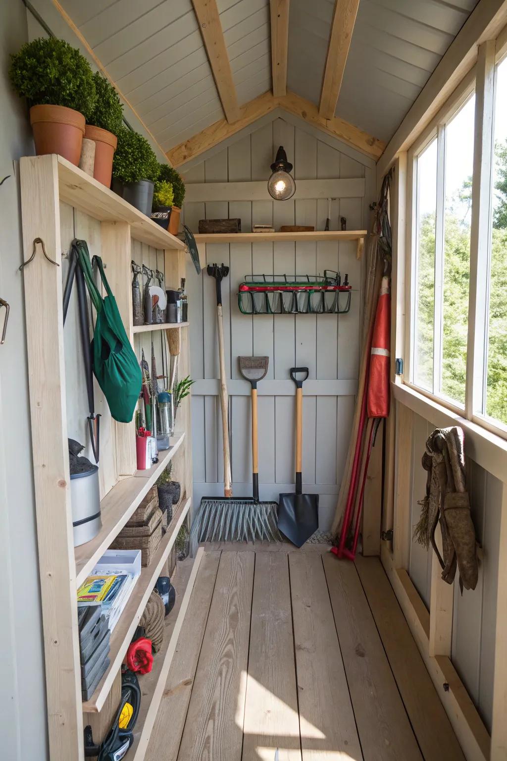 A well-organized garden tool shed interior.
