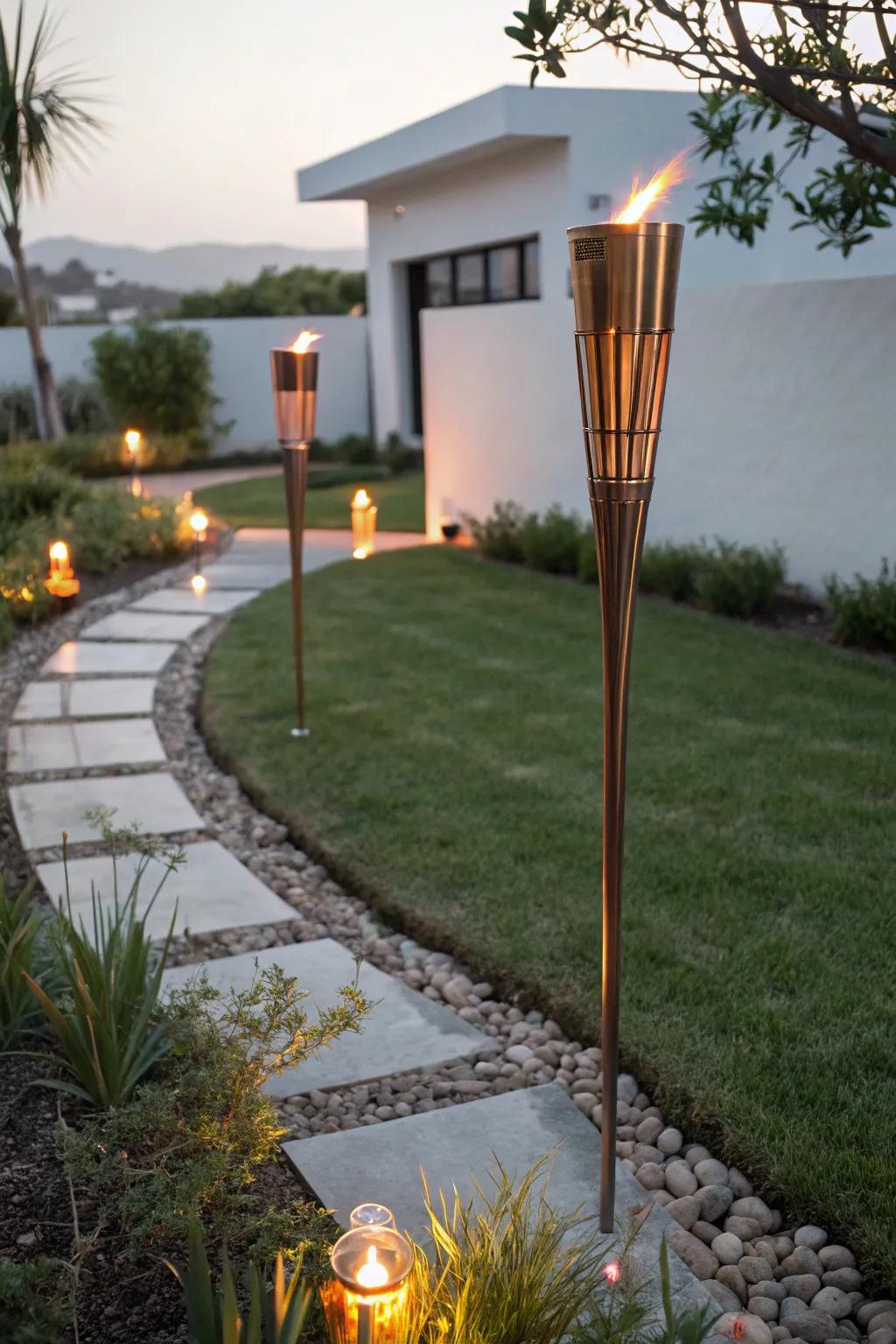 Copper pipe torches add a modern touch to garden aesthetics.