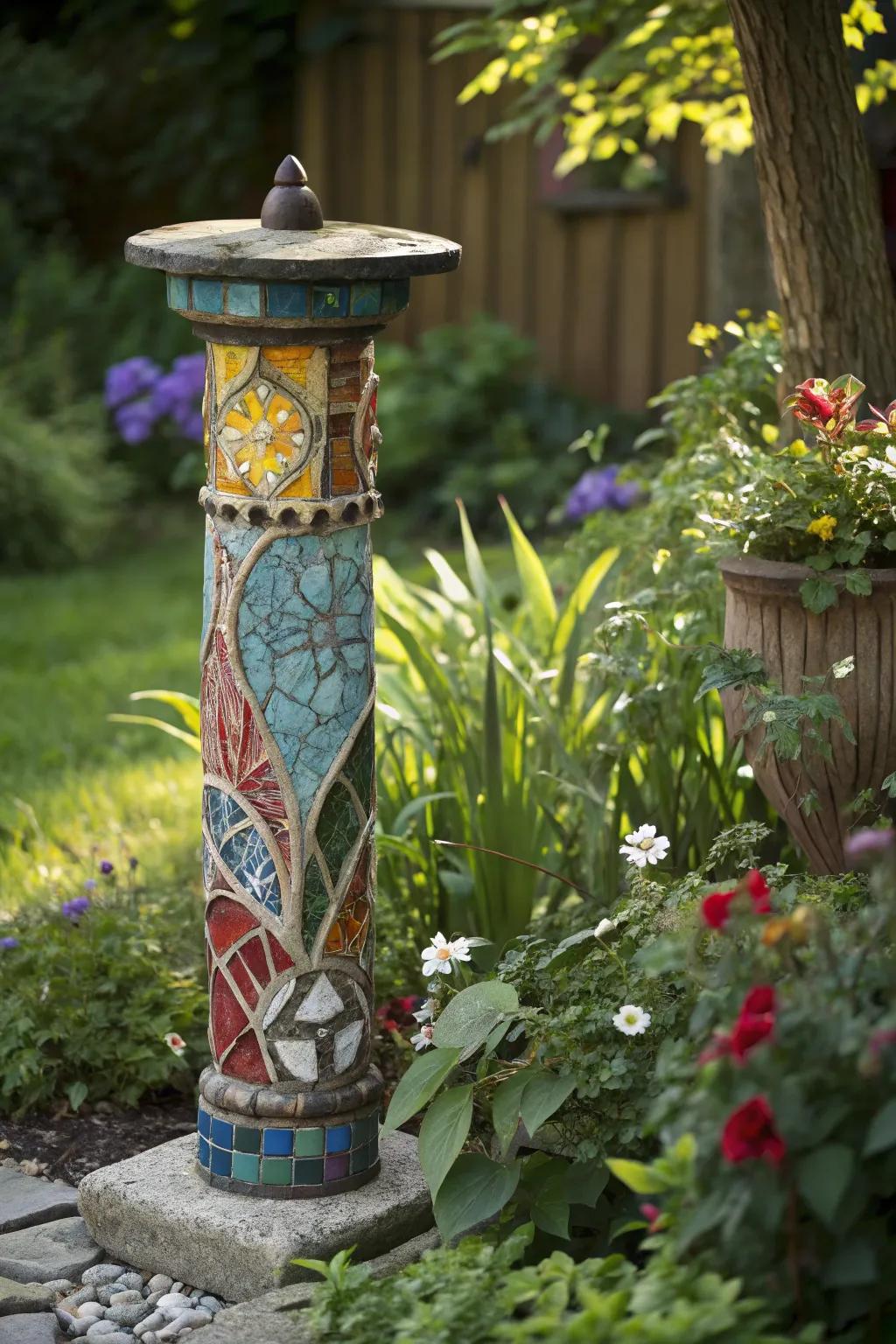 Mosaic totems provide a burst of color and artistry in outdoor spaces.