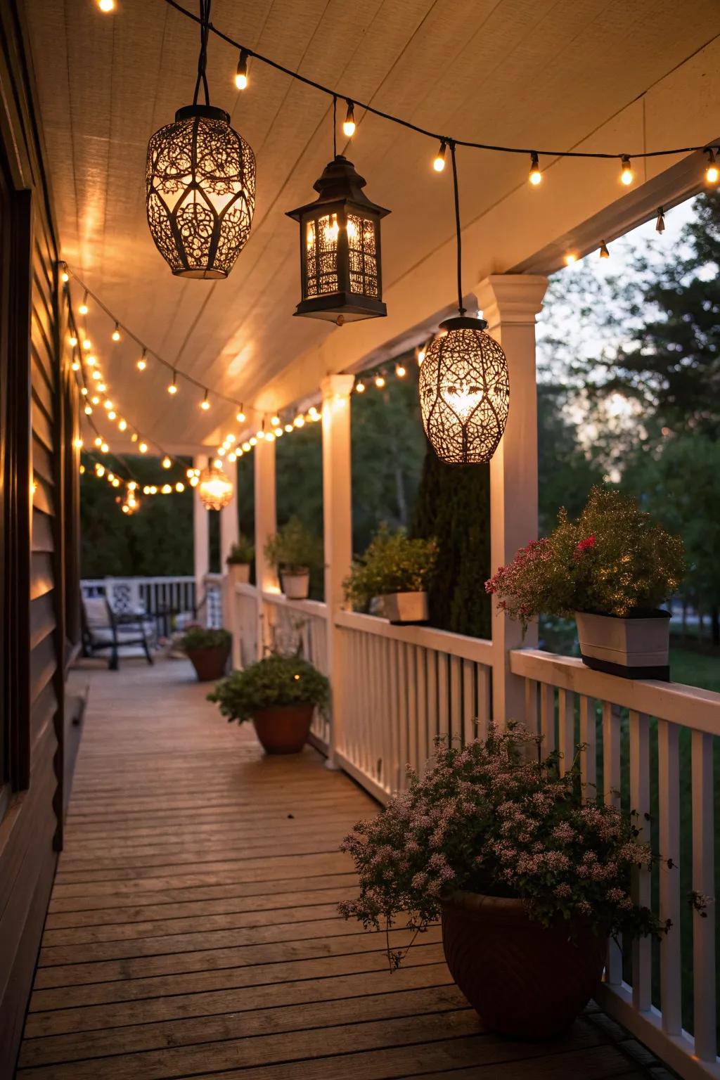 A garden veranda beautifully lit with string lights and lanterns.