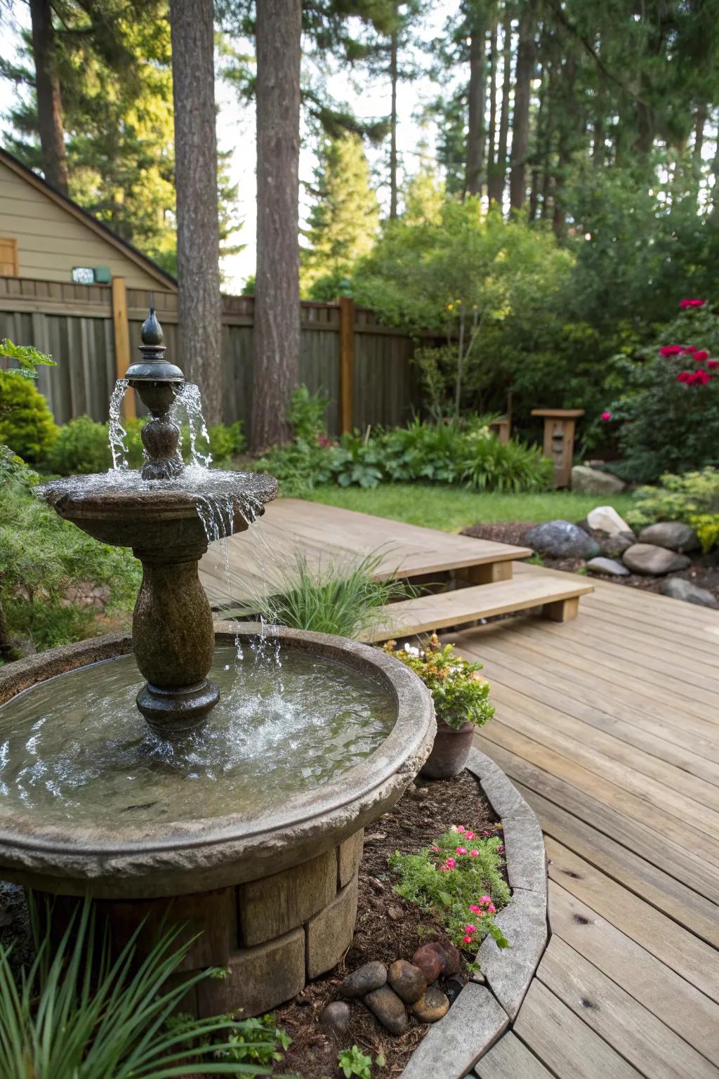 A water feature adds tranquility to any deck.