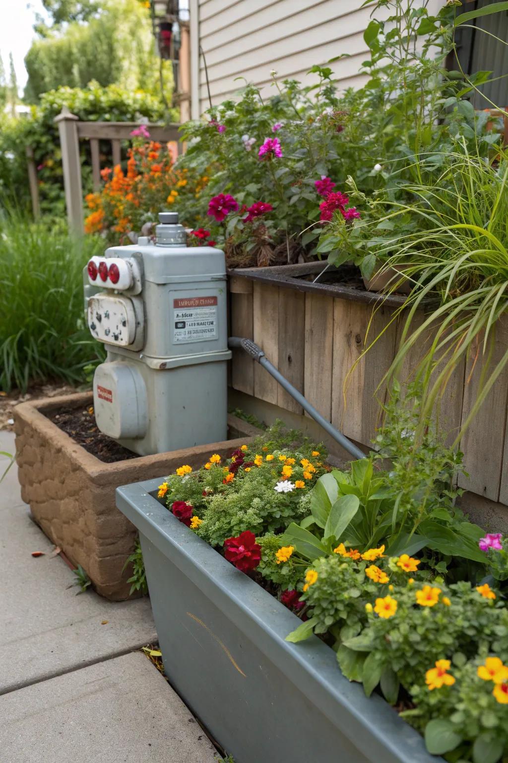 Planter boxes create a vibrant mini garden oasis.