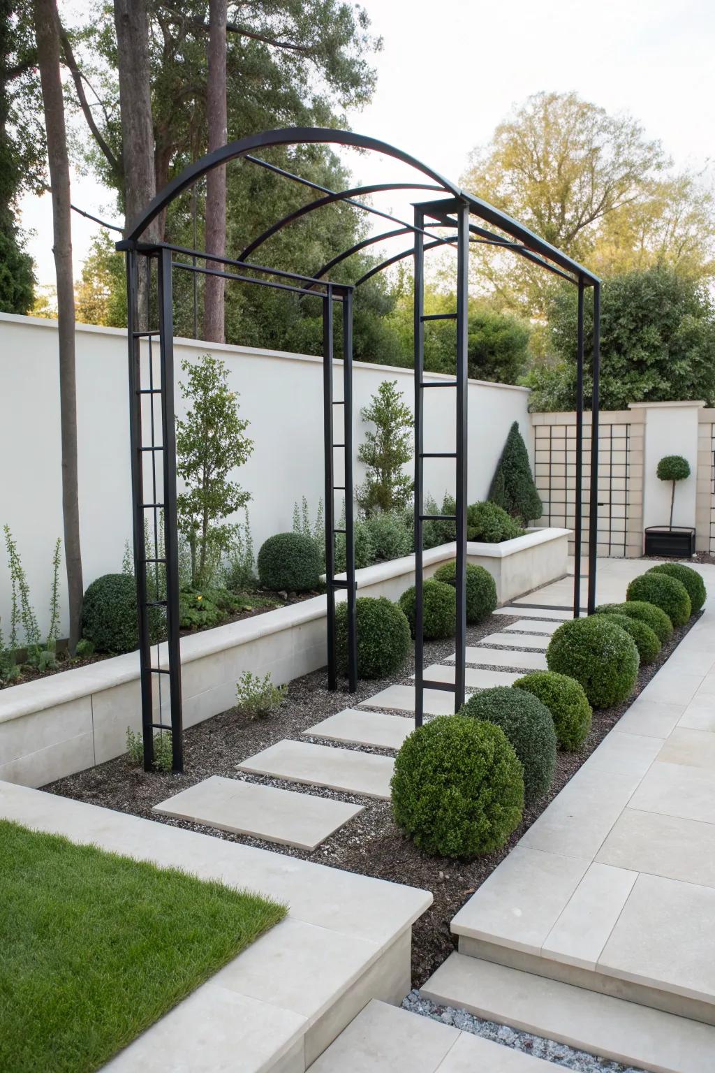 A minimalist metal arbor adds a sleek and modern touch to any garden.