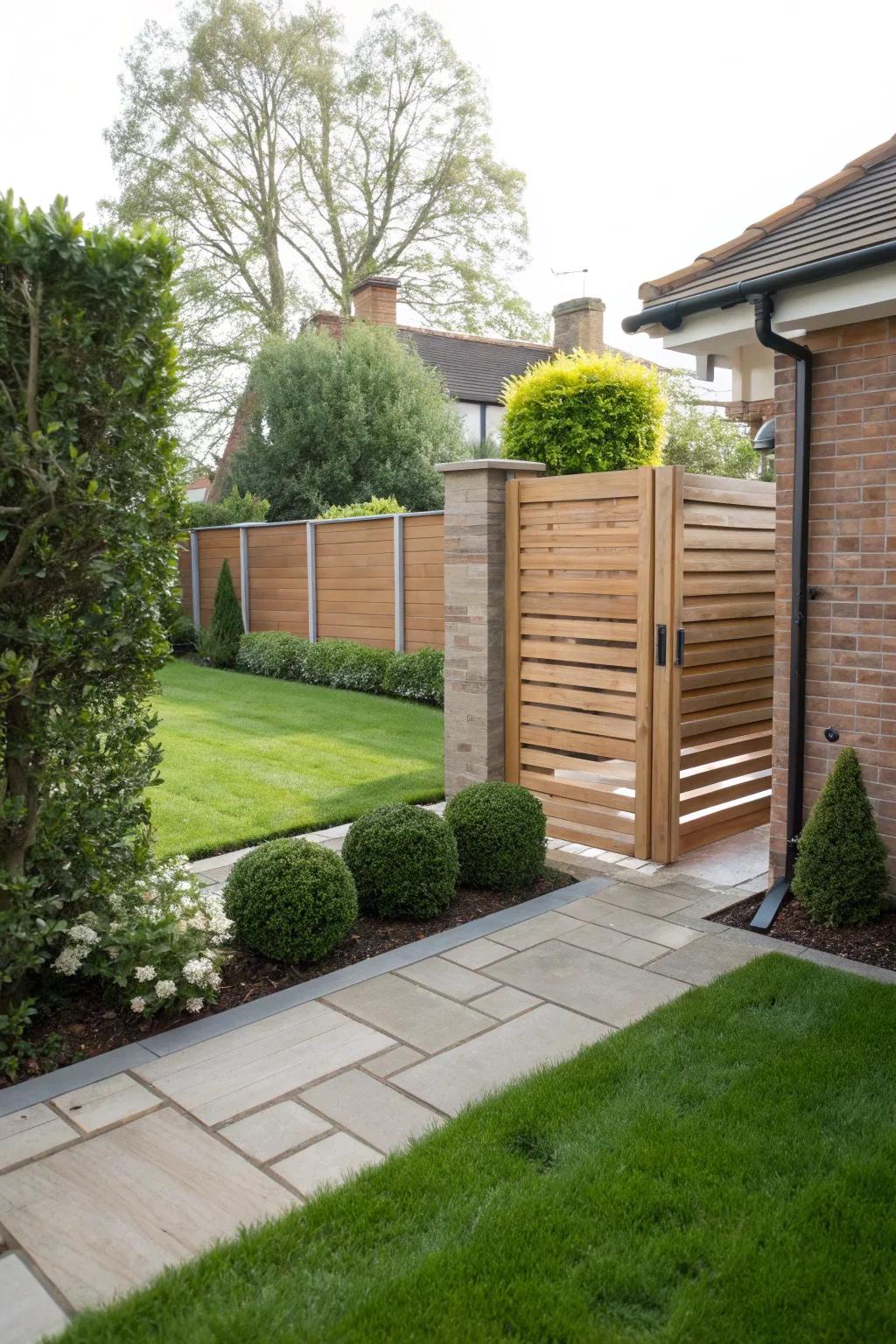 Horizontal slats provide a clean and open gate design.