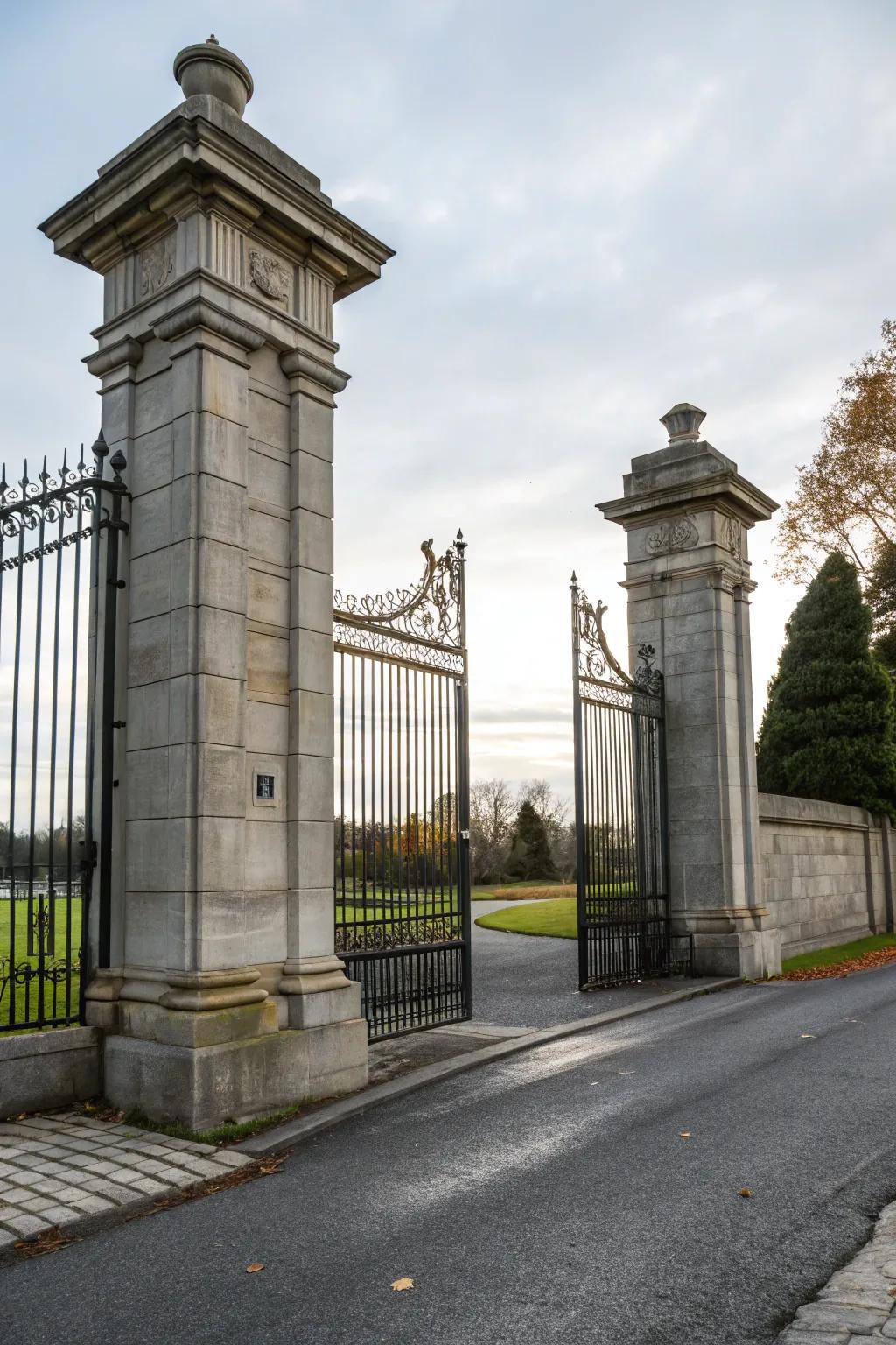 Stone pillars add a stately presence to this driveway entrance.